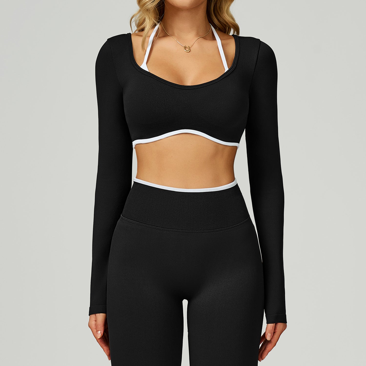 Seamless Contrast Color Yoga Long Sleeve Fake Two-piece